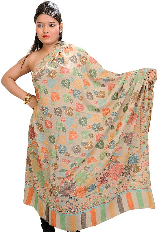 Oxford-Tan Kani Shawl with Woven Leaves in Multi-Colored Thread