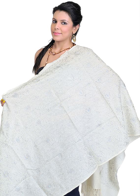 Vanilla-Ice Phulkari Stole with Aari Embroidery in Silver Thread and Sequins
