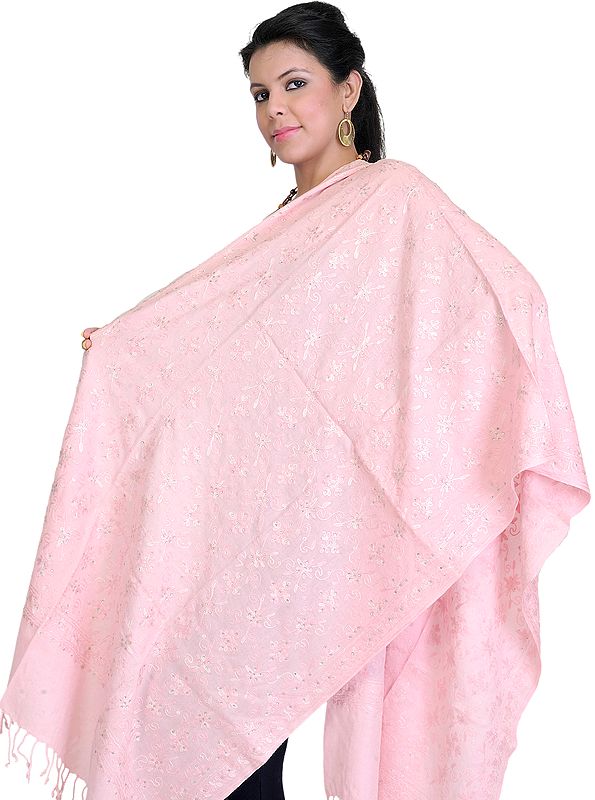 Gossamer-Pink Aari Embroidered Kashmiri Stole with Crystals