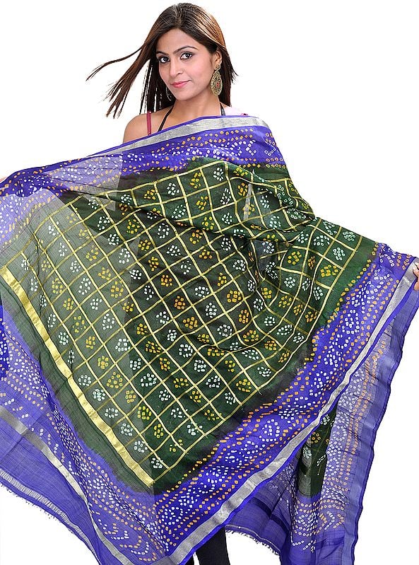 Kombu-Green Bandhani Tie-Dye Gharchola Dupatta From Gujarat with Golden Thread Weave