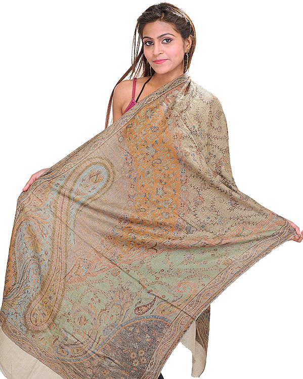 Gray-Morn Reversible Cashmere Kani Stole with Woven Paisleys in Multi-Colored Threads