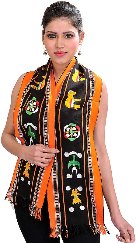 Black and Orange Scarf from Nagaland with Embroidered Auspicious Motifs