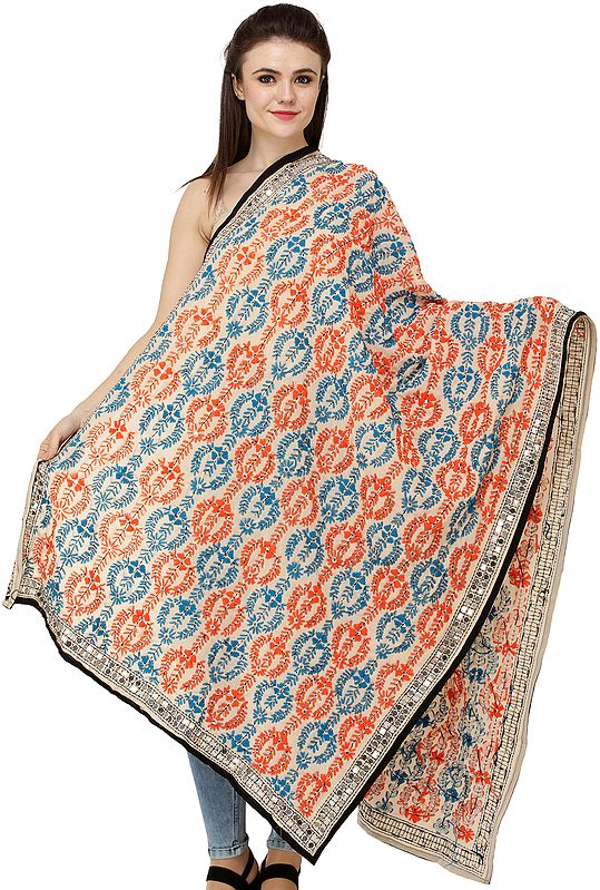 Phulkari Dupatta from Punjab with Hand-Embroidered Flowers and Sequins