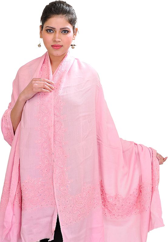 Plain Shawl From Amritsar with Beads and Embroidered Paisleys on Border