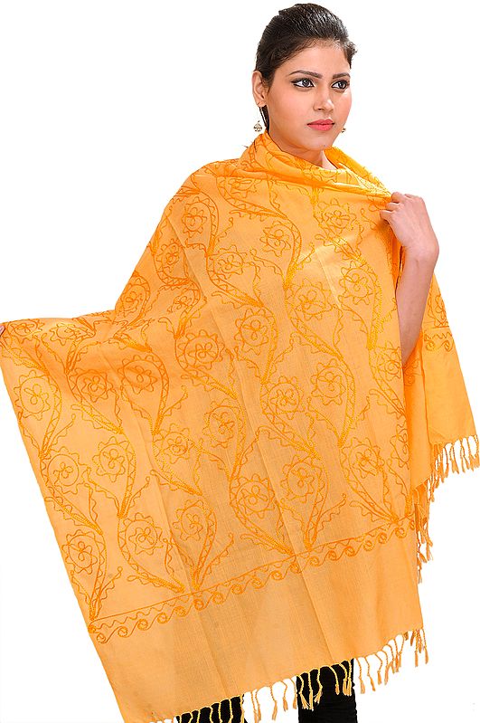 Flax-Yellow Stole with Embroidery in Self Colored Thread