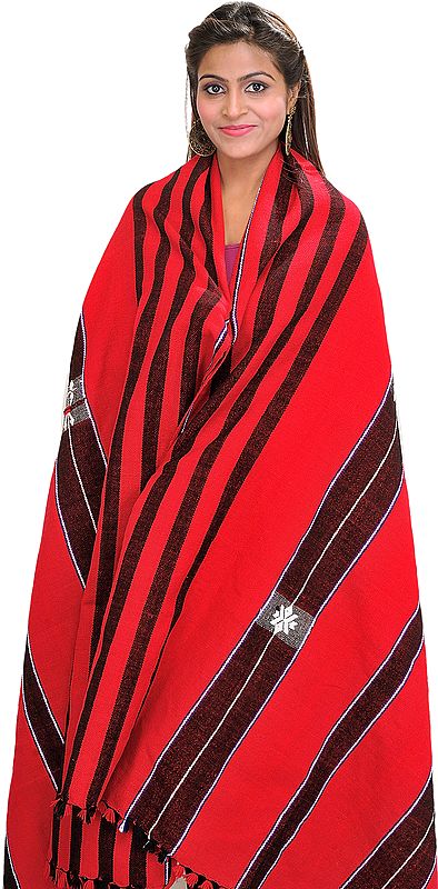 Tomato-Red Heavy Shawl from Nagaland with Woven Stripes