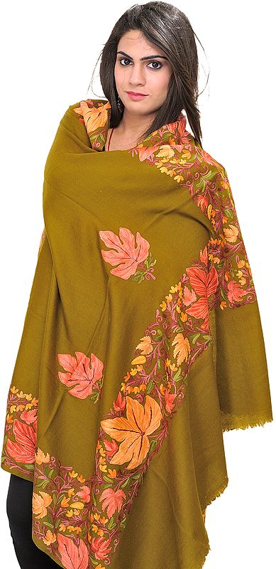 Bronze-Mist Shawl from Kashmir with Aari-Embroidered Maple Leaves