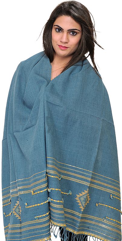 Aegean-Blue Stole from Kutch with Embroidery on Border