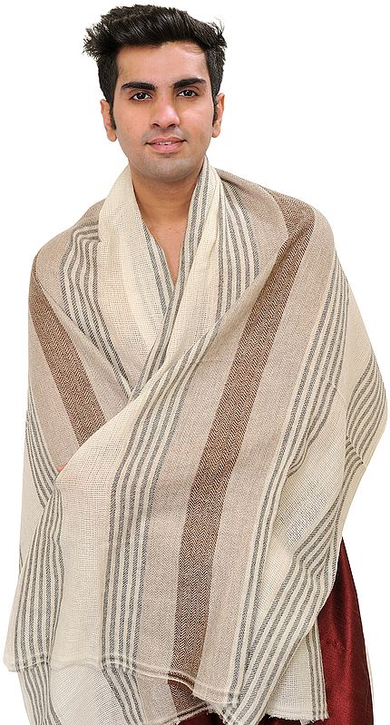 Egret-White Men's Cashmere Scarf from Nepal with Woven Stripes