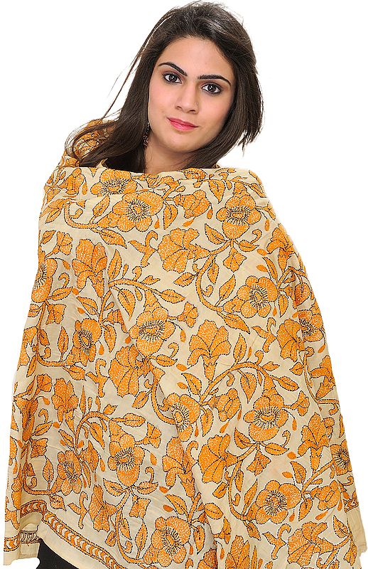 Cloud-Cream Kantha Dupatta with Embroidered Flowers by Hand