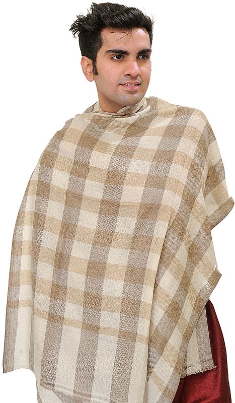 Snow-White Cashmere Scarf from Nepal with Woven Checks