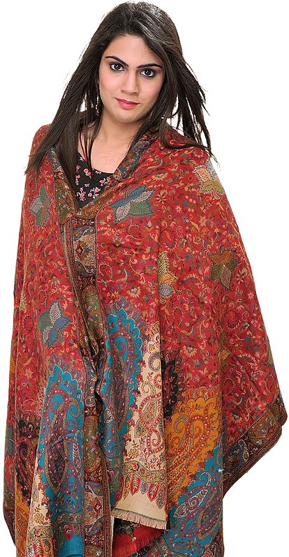 Dark-Red Kani Jamawar Stole with Woven Leaves