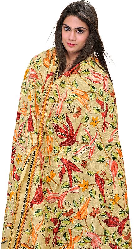 Chino-Green Kantha Dupatta from Bengal with Embroidered Birds
