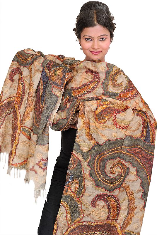 Whitecap-Gray Digital Printed Stole with Straight Stitch Embroidery