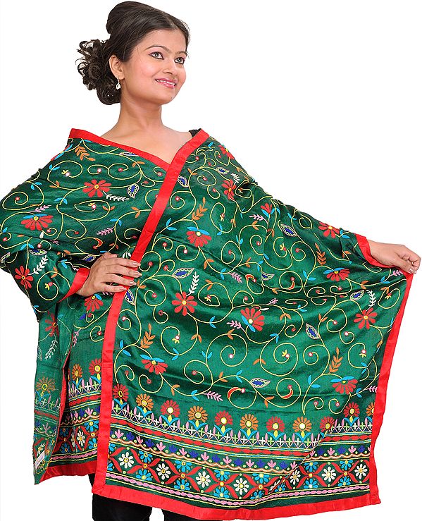 Foliage-Green Dupatta from Gujarat with Aari Hand-Embroidery and Mirrors