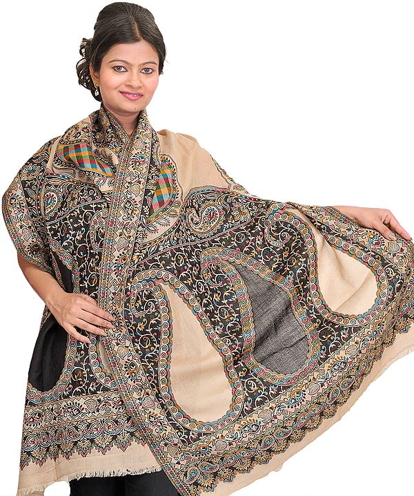 Sandshell and Black Jamawar Stole with Giant Paisleys Woven in Multi-color Thread