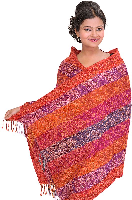 Multi-Color Jamawar Reversible Stole with Woven Flowers