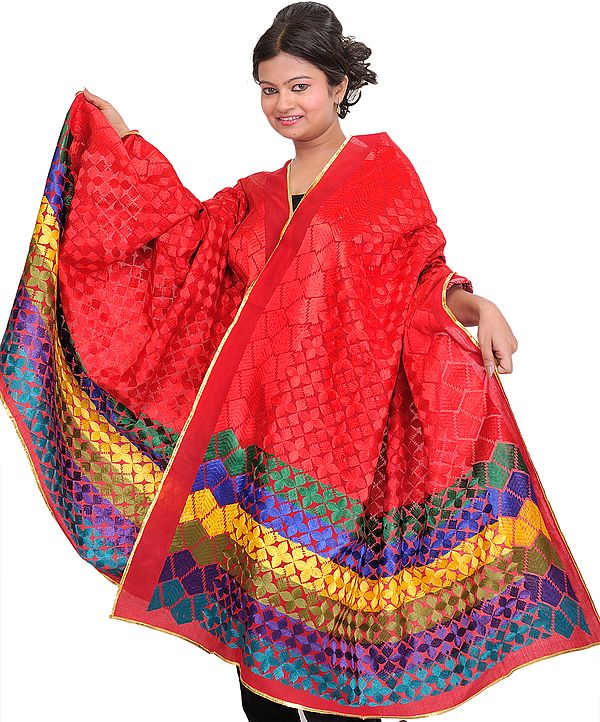 Lipstick-Red Phulkari Dupatta from Punjab with Embroidered Flowers All-Over