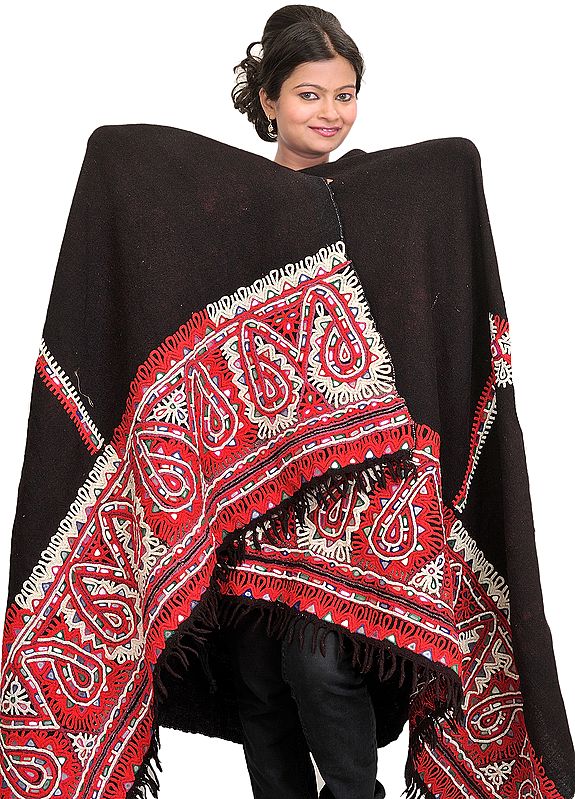 Jet-Black Antiquated Shawl from Kutch with Rabari Embroidered Border and Mirrors