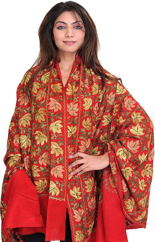 Shawl from Amritsar with Aari Embroidered Maple Leaves All-Over