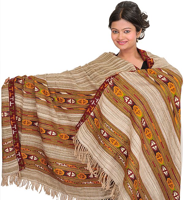 Timber-Wolf Shawl from Kullu with Woven Stripes and Kinnauri Border