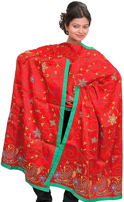 Tomato-Red Dupatta from Gujarat with Aari Hand-Embroidery and Mirrors