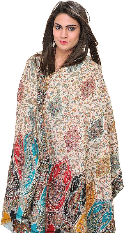 White Kani Jamawar Stole with Woven Leaves in Multi-Color Thread
