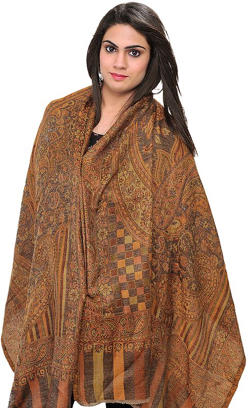 Honey-Yellow Cashmere Jamawar Reversible Stole with Woven Paisleys
