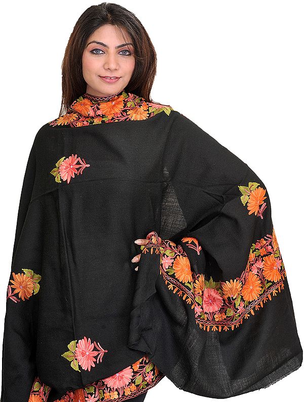 Jet-Black Shawl from Kashmir with Aari Embroidered Flowers