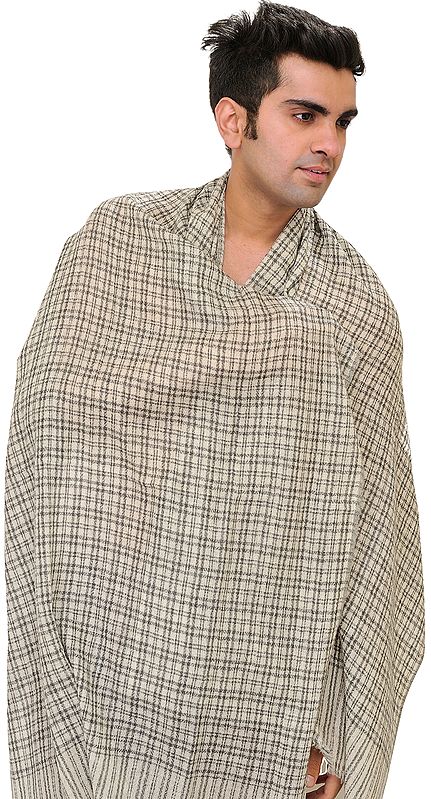 White and Black Cashmere Men's Scarf from Nepal with Woven Checks