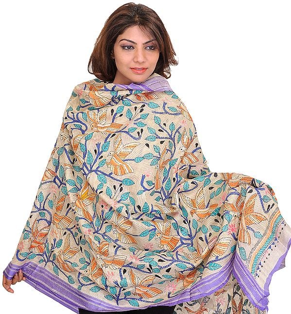 Cloud-Cream Dupatta from Bengal with Kantha Embroidered Sparrows and Foliage