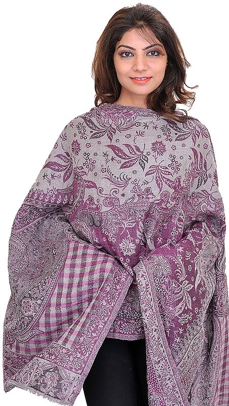 Gray and Purple Reversible Cashmere Stole with Woven Flowers and Paisleys