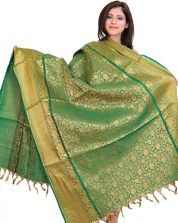 Bosphorus-Green Brocaded Dupatta from Tamil Nadu with Woven Lotuses All-Over