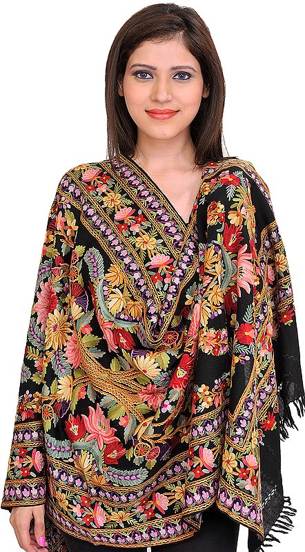 Jet-Black Kashmiri Stole with Floral Aari-Embroidery by Hand