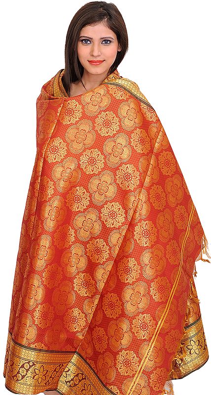 Etruscan-Red Brocaded Shawl from Tamil Nadu with Woven Flowers