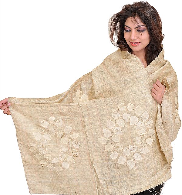 Cloud-Cream Dupatta from Jharkhand with Applique Leaves