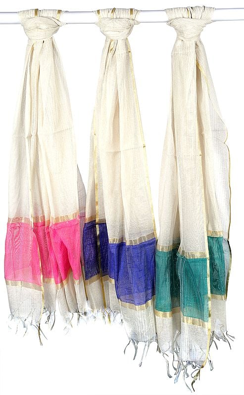 Lot of Three Ivory Dupattas with Golden Thread Weave
