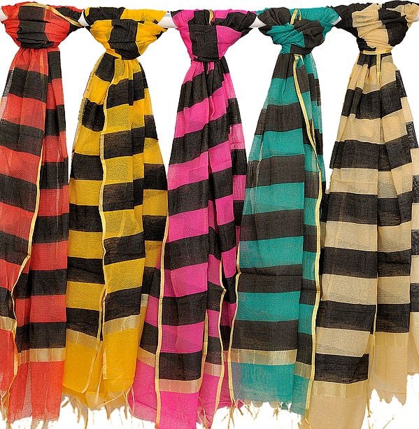 Lot of Five Dupattas with Woven Black Stripes