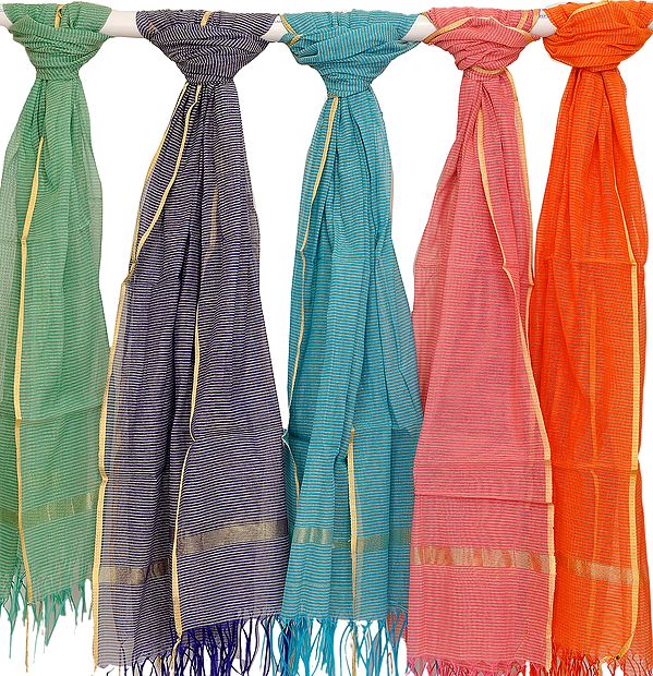 Lot of Five Dupattas with Woven Stripes All-Over