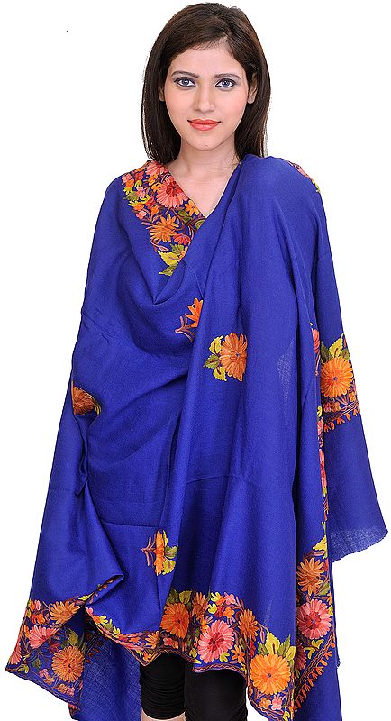 Mazarine-Blue Shawl from Kashmir with Aari Embroidered Flowers
