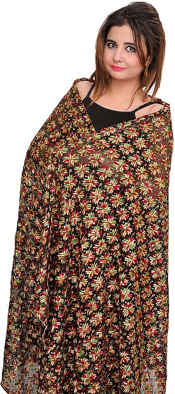 Dupatta from Punjab with Phulkari Embroidered Flowers All-Over