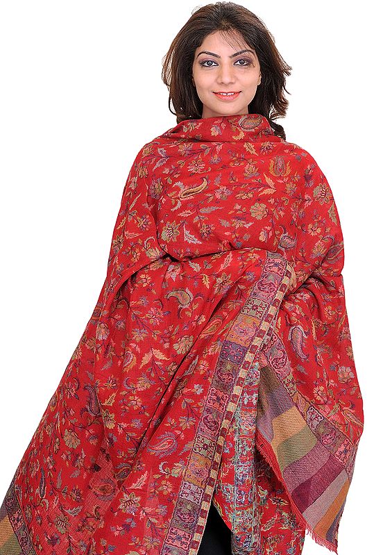 Cardinal-Red Semi-Cashmere Kani Shawl with Woven Paisleys and Flowers