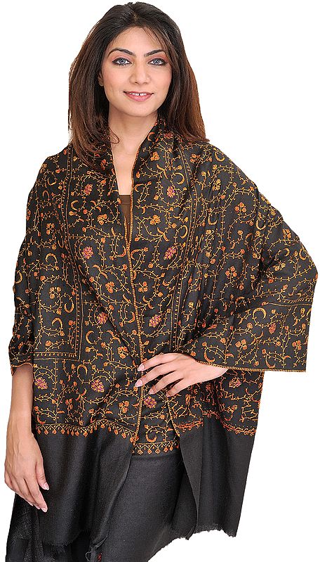 Jet-Black Kashmiri Tusha Stole with Sozni Embroidery by Hand