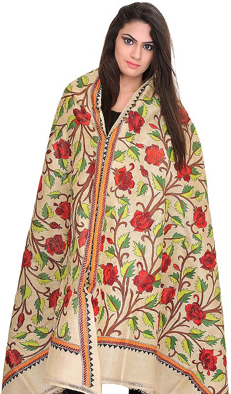 Albaster-Gleam Dupatta from Kolkata with Kantha-Embroidered Roses by Hand