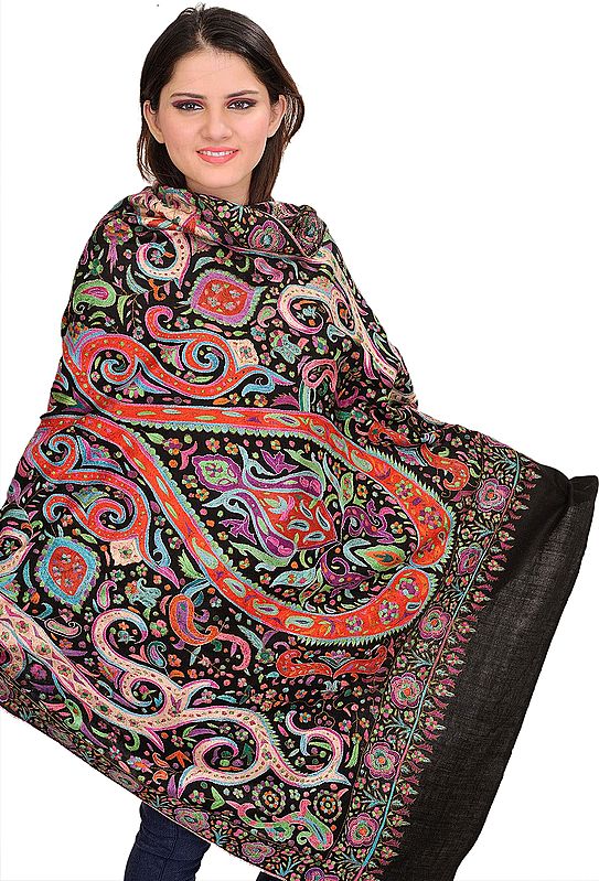 Jet-Black Kashmiri Pashmina Shawl with Sozni Hand-Embroidered Paisleys