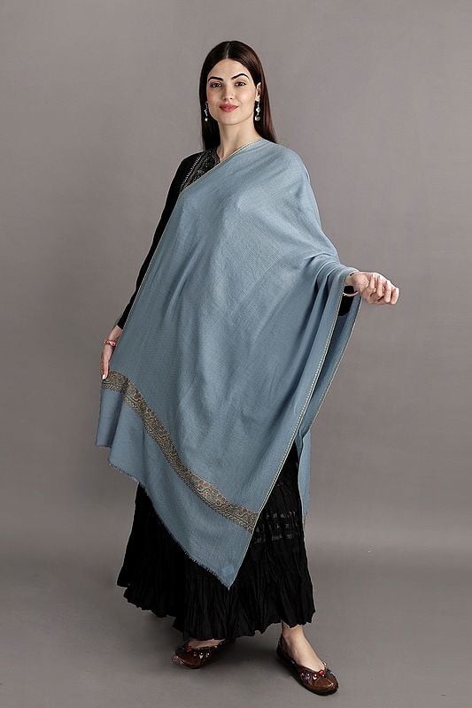 Plain Tusha Cashmere Stole from Kashmir with Sozni Hand-Embroidery on Border