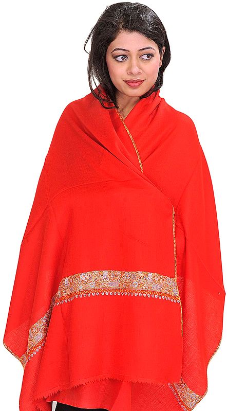 Plain Tusha Cashmere Stole from Kashmir with Sozni Hand-Embroidery on Border