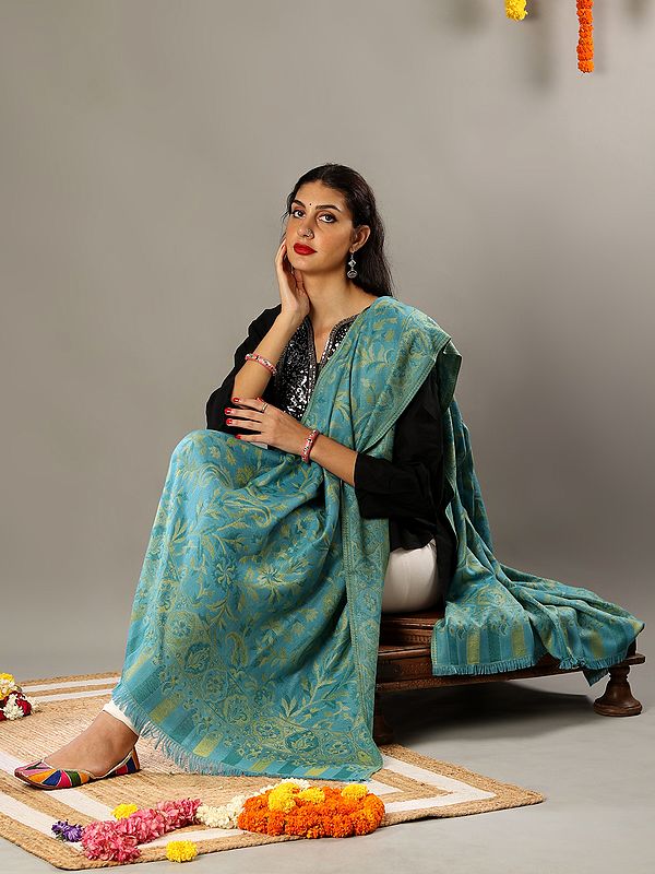 Reversible Jamawar Shawl from Amritsar with Woven Flowers