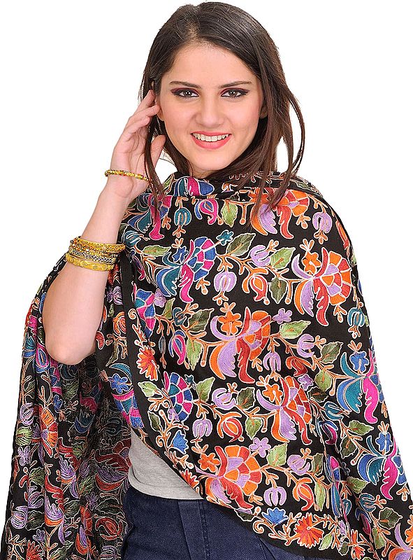 Jet-Black Stole from Amritsar with Aari Embroidery in Multicolor Thread