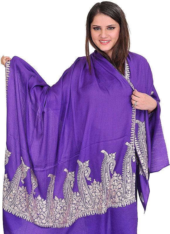 Prism-Violet Shawl from Kashmir with Aari-Embroidered Paisleys on Border